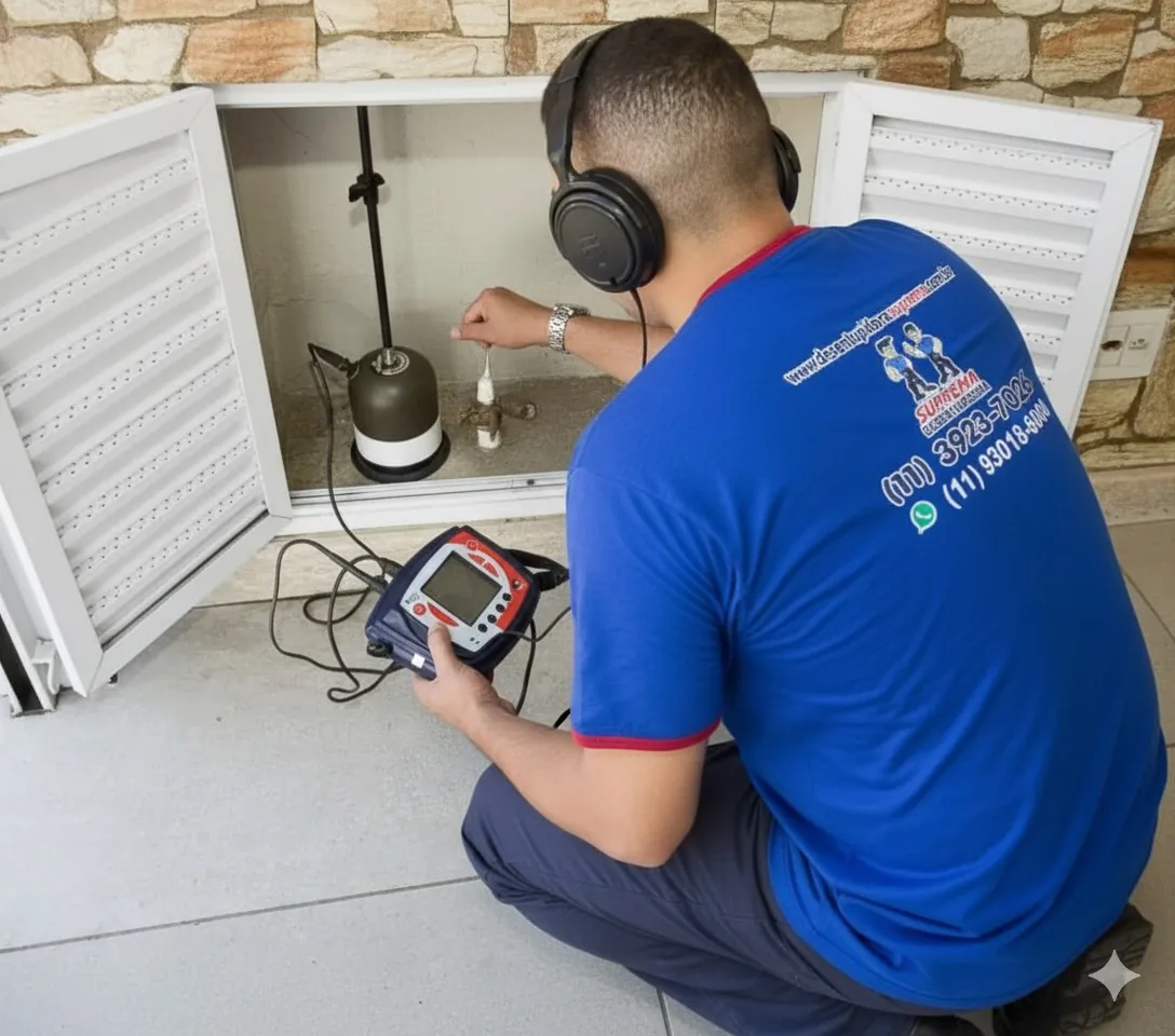 Técnico da Suprema localizando vazamento oculto com geofone eletrônico